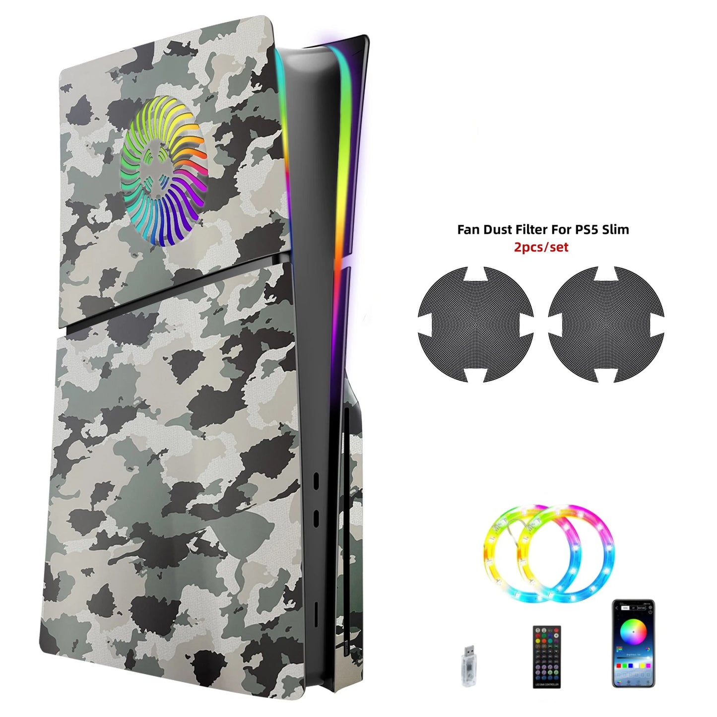 Faceplate con Striscia LED RGB per PS5 Slim Disc Kit con Vents e Filtro Antipolvere