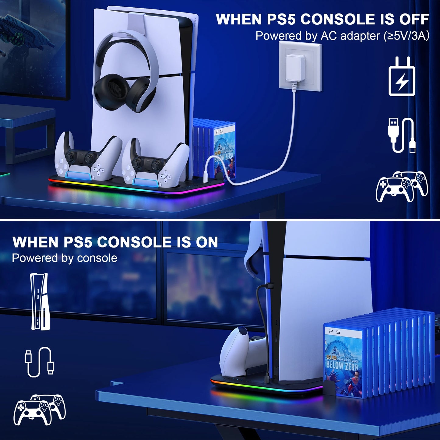 Dinofire Supporto RGB per PS5 Slim – Stazione di Raffreddamento con Doppio Caricatore Controller