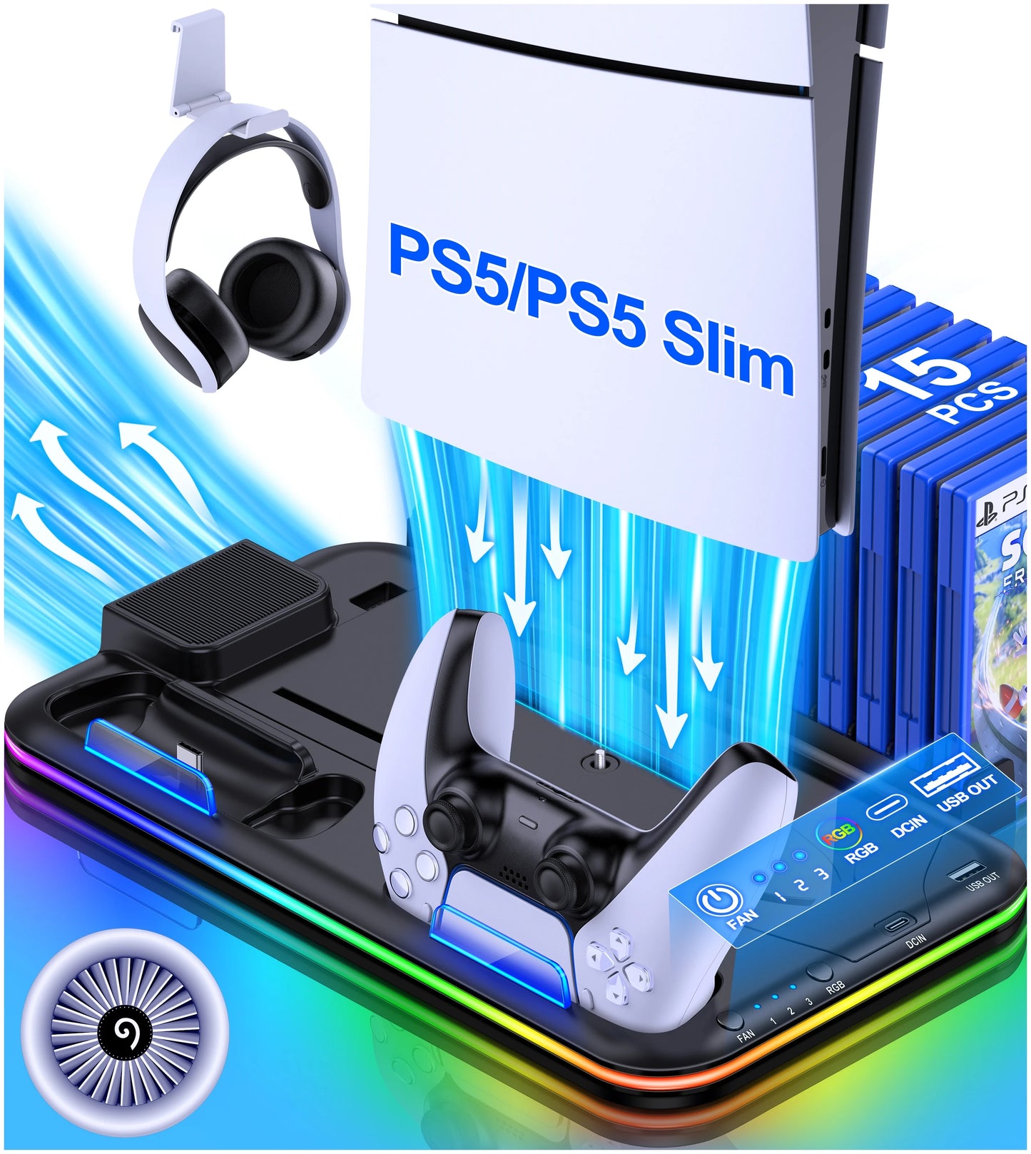 Dinofire Supporto RGB per PS5 Slim – Stazione di Raffreddamento con Doppio Caricatore Controller
