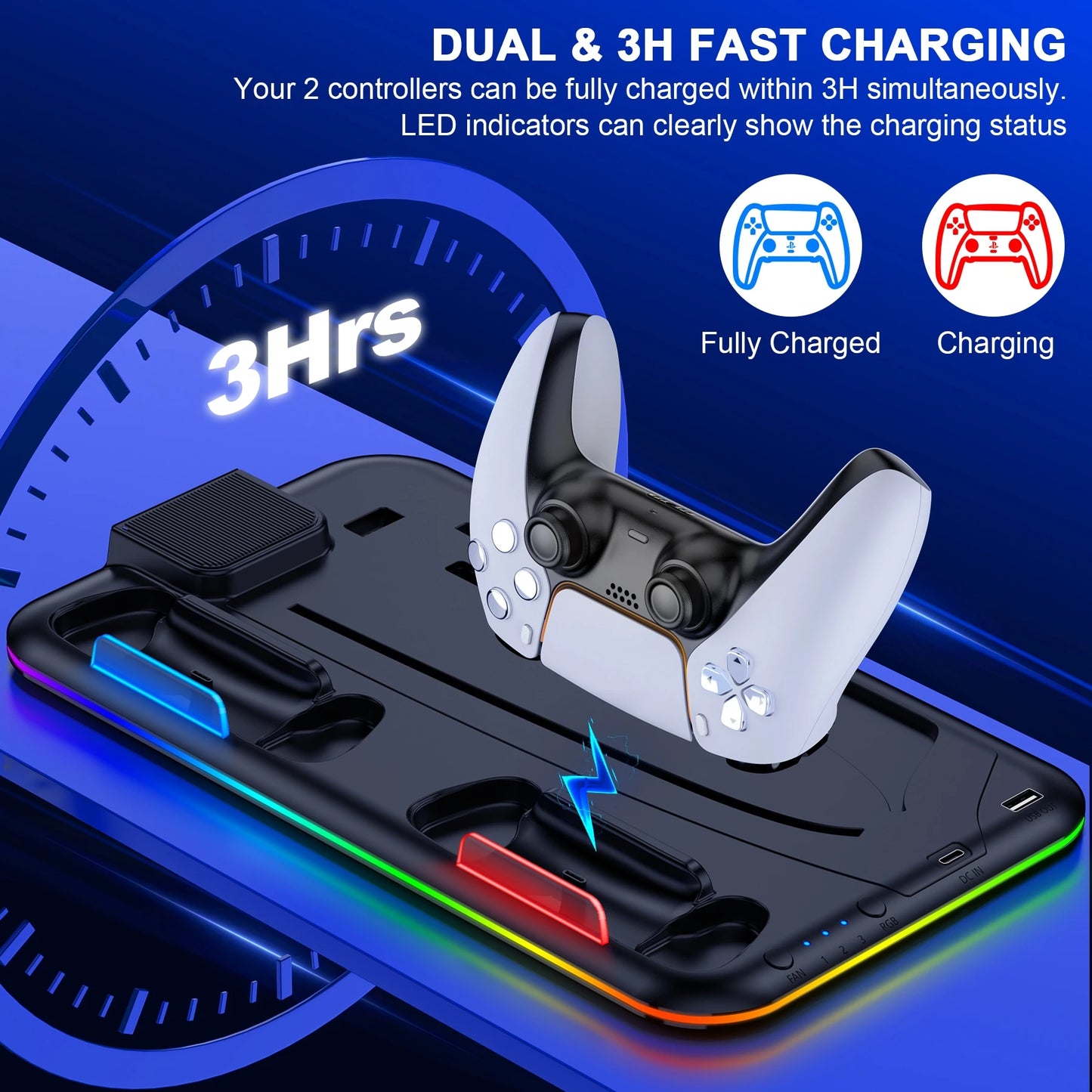 Dinofire Supporto RGB per PS5 Slim – Stazione di Raffreddamento con Doppio Caricatore Controller