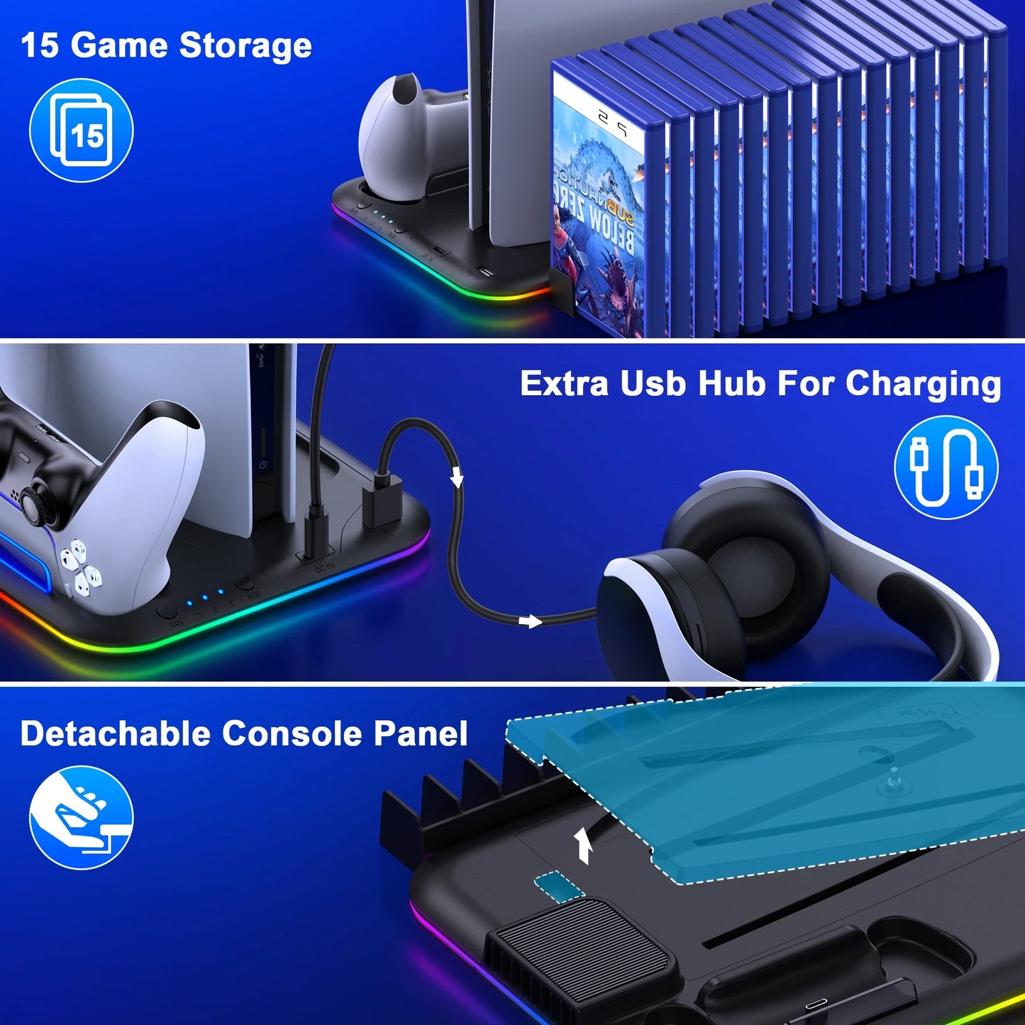 Dinofire Supporto RGB per PS5 Slim – Stazione di Raffreddamento con Doppio Caricatore Controller