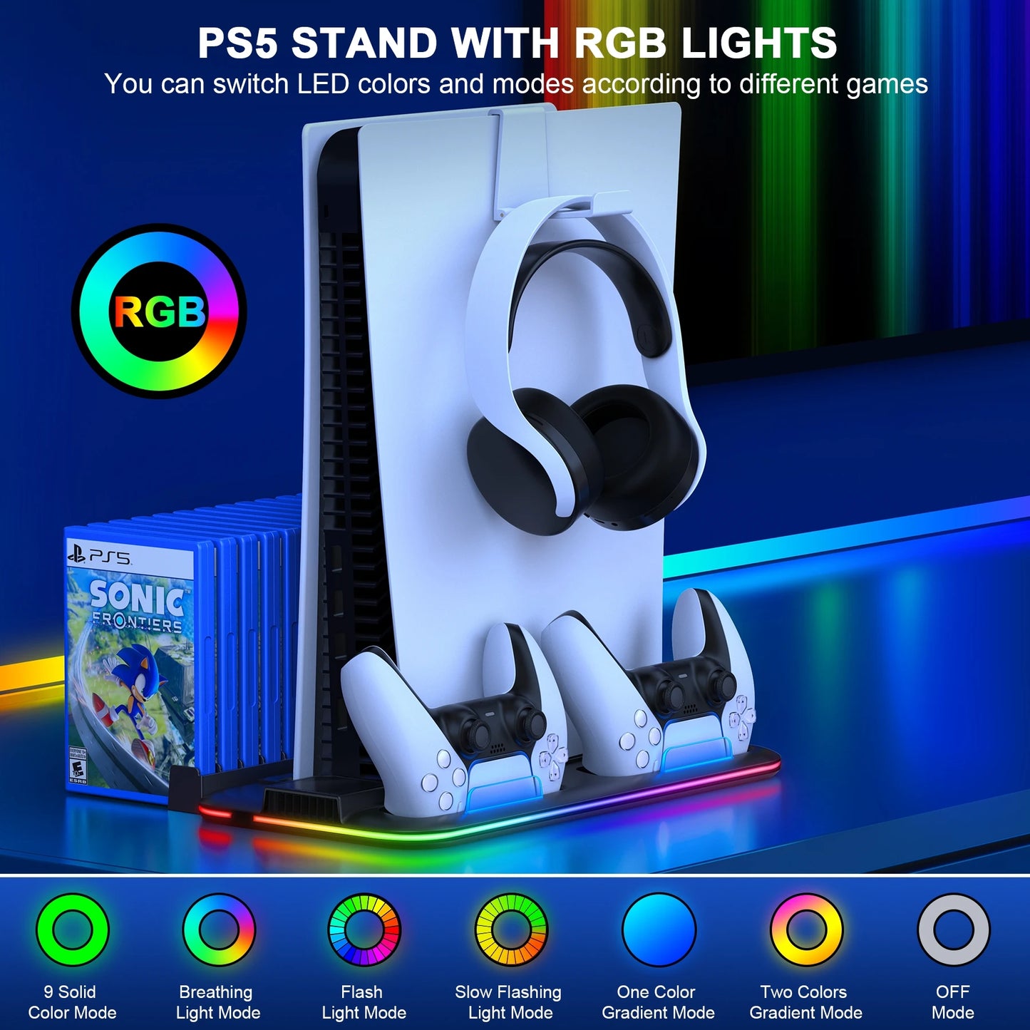 Dinofire Supporto RGB per PS5 Slim – Stazione di Raffreddamento con Doppio Caricatore Controller