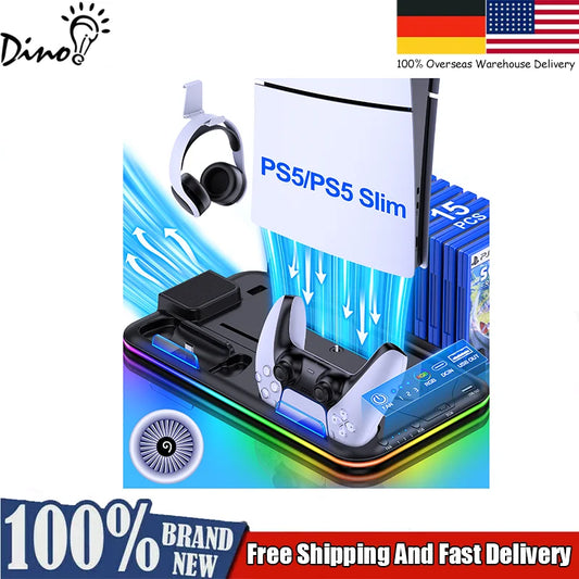 Dinofire Supporto RGB per PS5 Slim – Stazione di Raffreddamento con Doppio Caricatore Controller